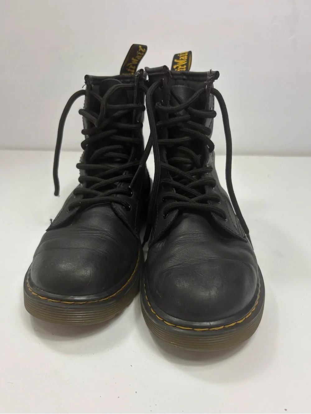 Dr. Martens‎ Black Leather Lace-Up Combat Boots with Yellow Stitching
